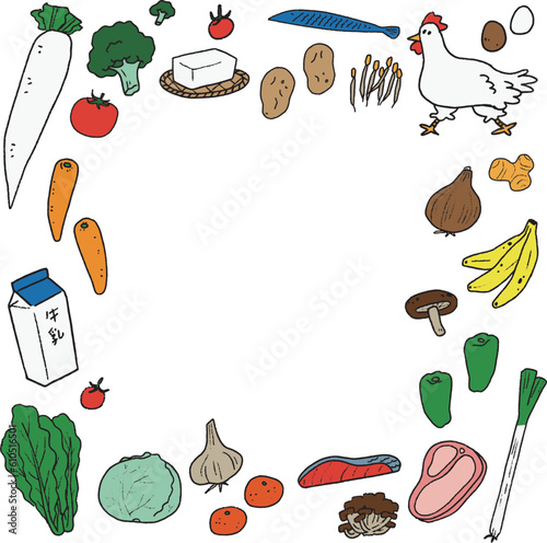 おしゃれな野菜や肉などの食材や節約アイデアなどの訴求のフレームイラスト Frame illustrations of appeals for foodstuffs such as vegetables and meat, and recipes for saving money.