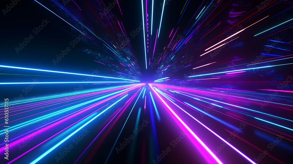 Blue pink and purple neon glow laser beam light lines moving fast,digital, high speed internet, cyberpunk, techonogy backdrop. futuristic abstract background. Generative AI Blue pink and purple neon glow laser beam light lines moving fast,digital, high speed internet, cyberpunk, techonogy backdrop. futuristic abstract background. Generative AI