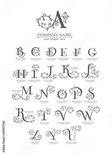 Floral alphabet logo set. Rose flowers in design. Delicate monograms for wedding, boutique, flower business, fashion