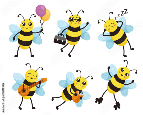set of bee in different activity cartoon charactor illustration
