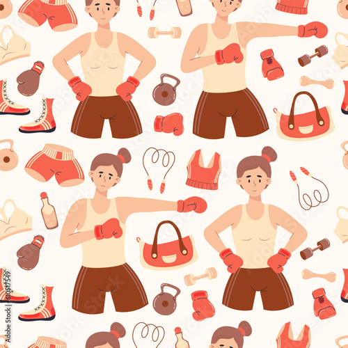 Seamless pattern female sport. Cute girls sportswomen boxers, sports equipment, sportswear and shoes on white background. Vector illustration in cartoon flat style.