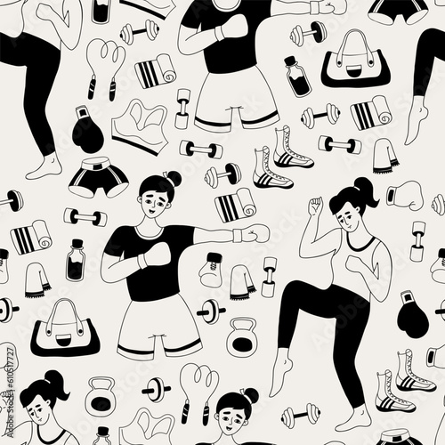 Seamless pattern female sport. Cute girls sportswomen boxers, sports equipment, sportswear and shoes on white background. Vector illustration in doodle hand drawing style.