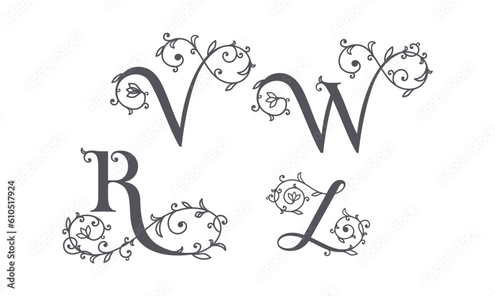 Fototapeta premium Collection of botanical, initial, letter female logos with rose organic plant elements. Delicate monograms for wedding, boutique