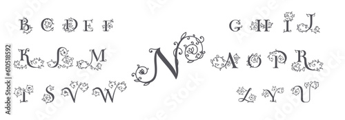 Logo rose set. Floral alphabet logo set. Rose flowers in design. Delicate monograms for wedding, boutique, flower business, fashion, cafe.