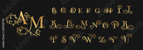 Logo rose set. Floral alphabet logo set. Rose flowers in design. Delicate monograms for wedding, boutique, flower business, fashion, cafe.