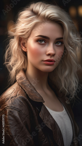A beautiful woman with blonde hair and a leather jacket Generative Ai