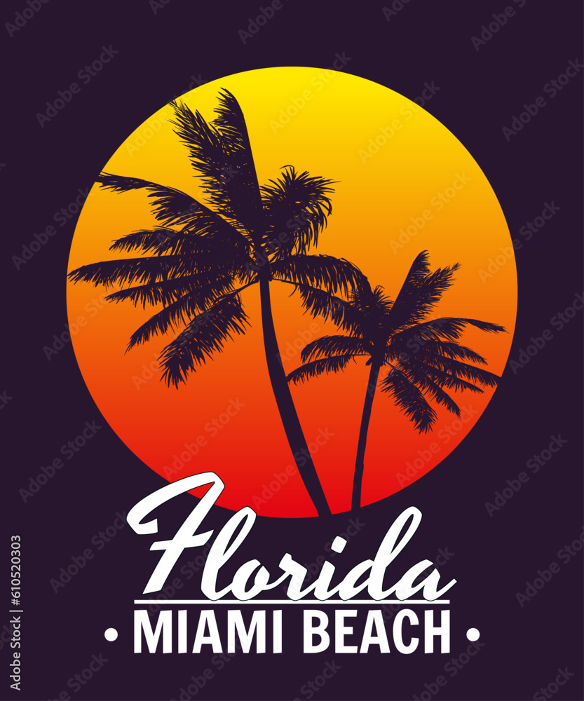 Florida Miami Beach sunset print t-shirt design. Poster palm tree silhouettes