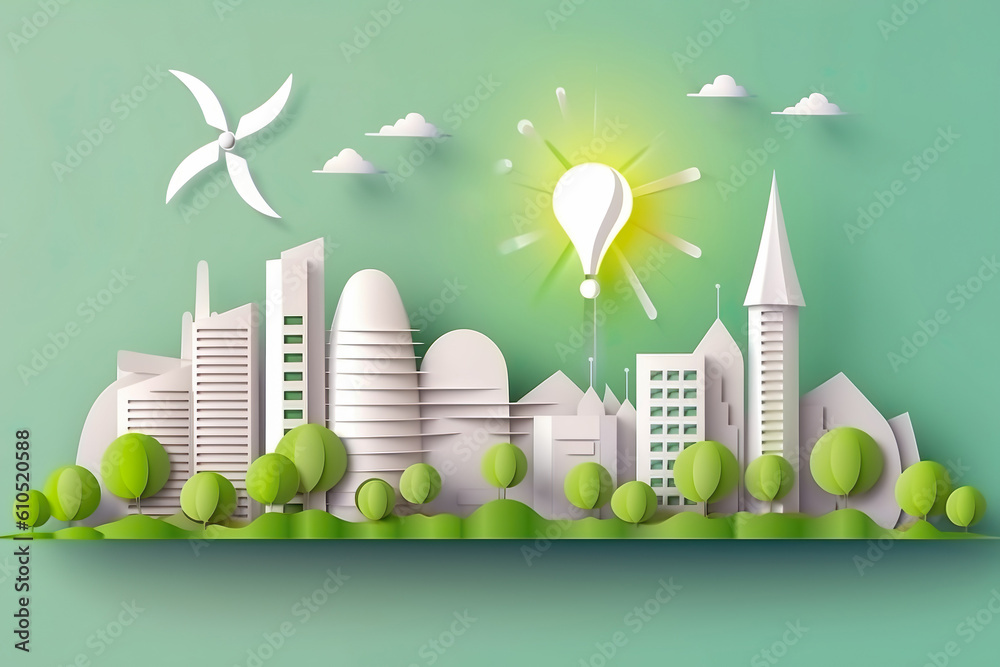 Light bulb shape with city and garden , Renewable energy modern house with windmills and solar energy , save the planet and energy concept , Created with generative AI