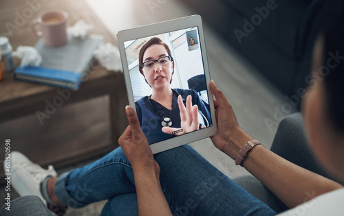 Tablet, virtual consulting with a doctor and a patient in the home for healthcare, medical or online meeting. Video call, telehealth and remote with a person talking to a medicine professional expert photo