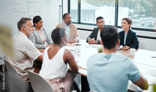 Business people, meeting and strategy in corporate planning, brainstorming or team discussion at the office. Group of employees in teamwork, collaboration or communication in conference at workplace