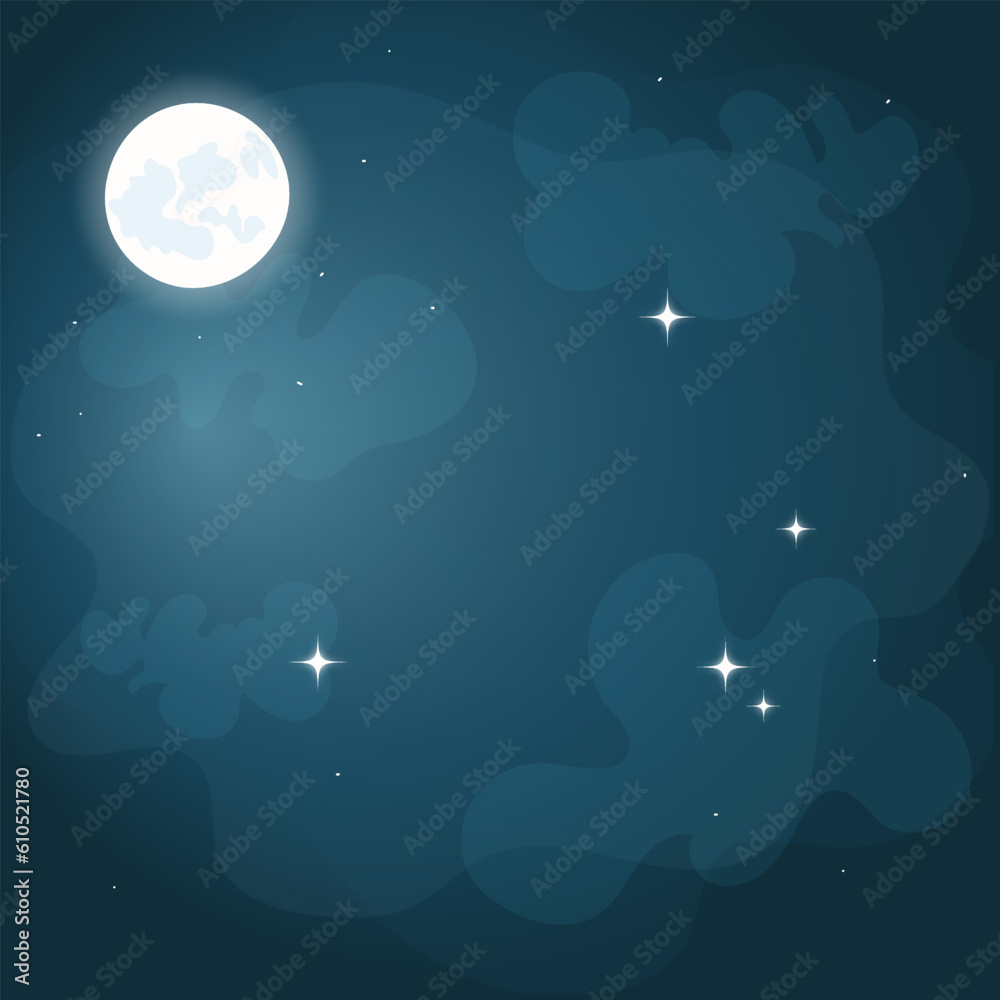 illustration of night starry sky with moon on dark background