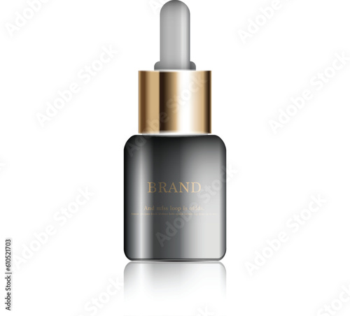 Hydrating facial serum for annual sale or festival sale. gold serum mask bottle isolated on glitter particles background. Graceful cosmetic ads, illustration.