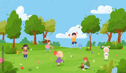 Cute children egg hunting in park, cartoon flat vector illustration.