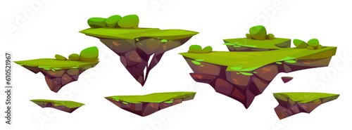 Floating islands, flying land pieces with grass for game landscape. Fantasy flying rocks with green lawns and bushes isolated on white background, vector cartoon set