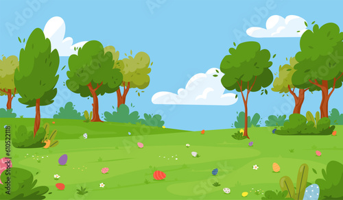 Meadow with hidden eggs for Easter egg hunt, cartoon flat vector illustration.