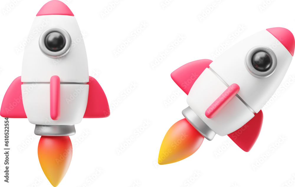 Set of rockets upswing with flame ejected 3d style. Toy spaceship rockets launch. Successful startup, financial growth, space business concept vector illustration Set of rockets upswing with flame ejected 3d style. Toy spaceship rockets launch. Successful startup, financial growth, space business concept vector illustration