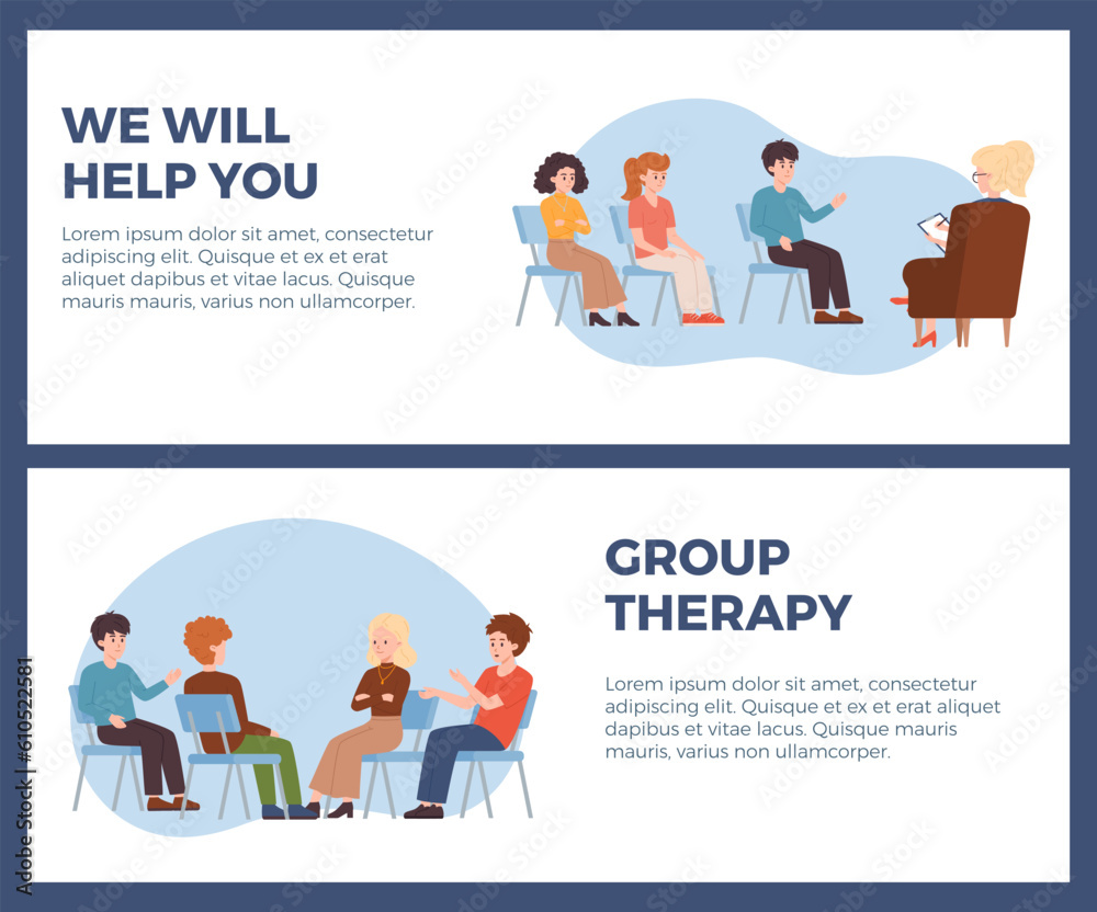 Group psychotherapy session advertising web banners set, flat vector illustration isolated on white background.