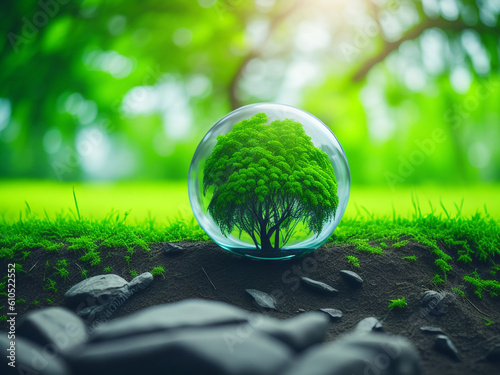 glass globe ball with tree growing and green nature blur background. eco earth day concept. generative AI