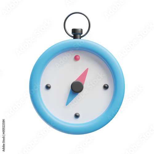 Compass tool, measuring time device 3d style rendering. Navigation equipment. Cute toy compass object vector illustration isolated on white background