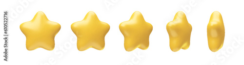 Set of rotating glossy golden metallic stars 3d realistic style rendering. Leadership, game award, customer achievement and feedback symbols vector illustration isolated on white background