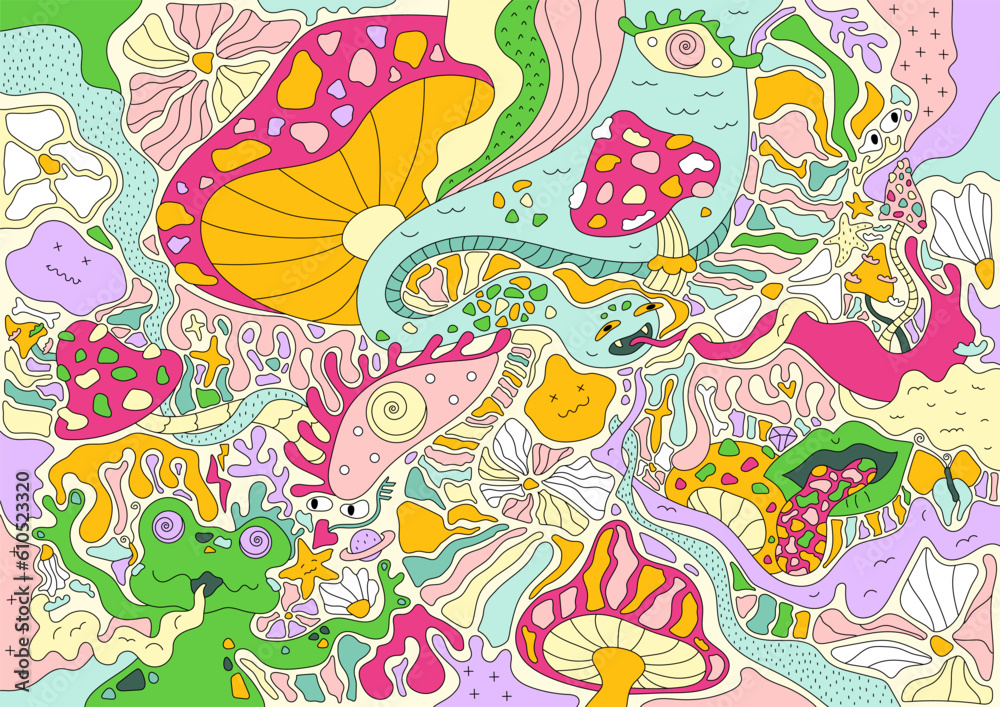 Psychedelic trippy illustration with snake, magic mushrooms, smoking frog. Hallucinogenic vector doodle art, retro flowers, surrealistic graphics. Fantasy groovy adventures, cool poster.