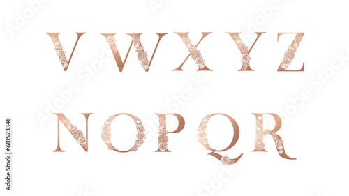 Floral alphabet logo set. Rose flowers in design. Delicate monograms for wedding, boutique, flower business, fashion