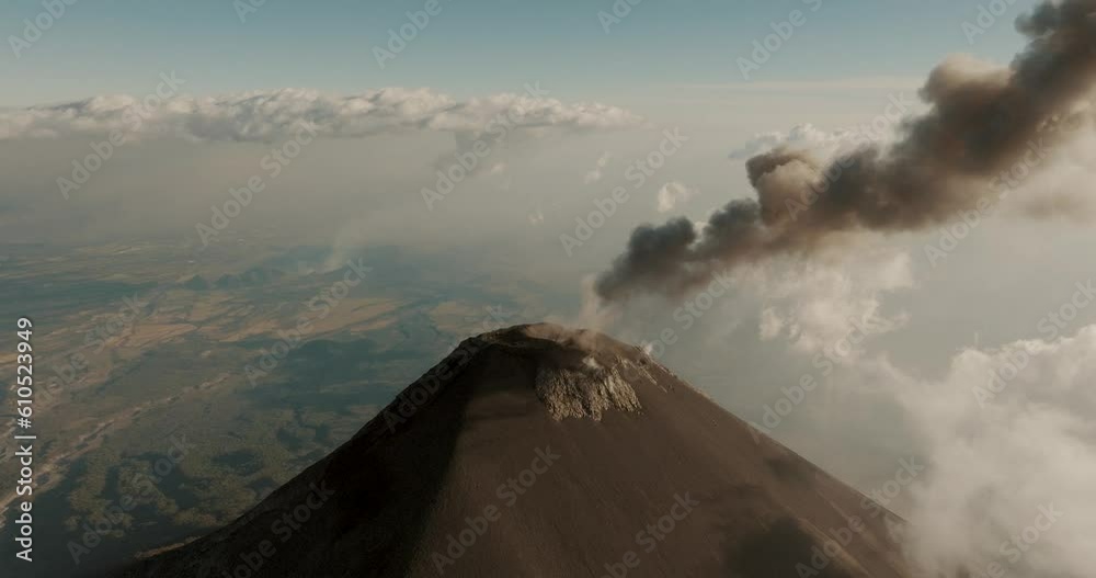 View Of Fuego Volcano Erupting In Guatemala - aerial drone shot