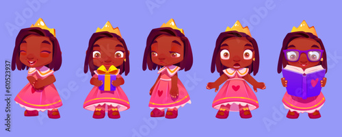 Cute vector cartoon black princess girl character expression set. Little kid queen in pink dress costume and crown frightened, reading, sad and smile. African beautiful female fairytale role with gift