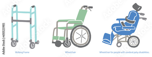 大人用歩行器と車椅子のベクターイラスト