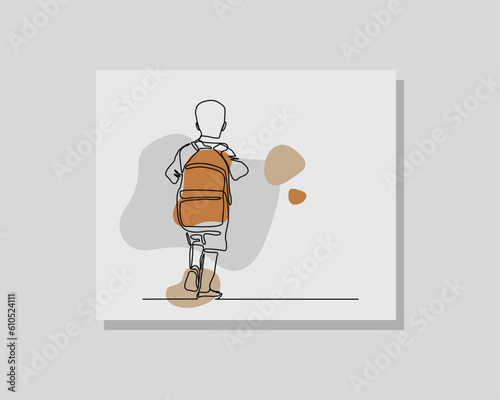 Continuous single one line drawing art of student school boy kids with school bag an uniform in boho bohemian style design vector illustration