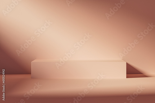 3d presentation pedestal or dais in pink room illuminated by sunlight. 3d rendering of mockup of presentation podium for display or advertising purposes
