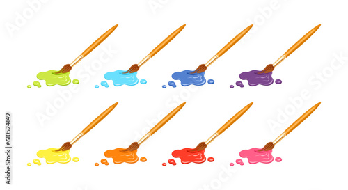 Set of Artist brushes and spots of paint of different colors. Icons of tool for drawing. Vector cartoon flat illustration.