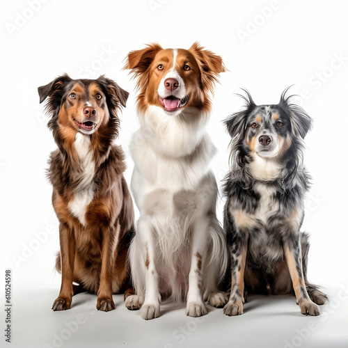 three dogs in white, bown and gray, smiling happily and sitting together in full body shot isolated on white background