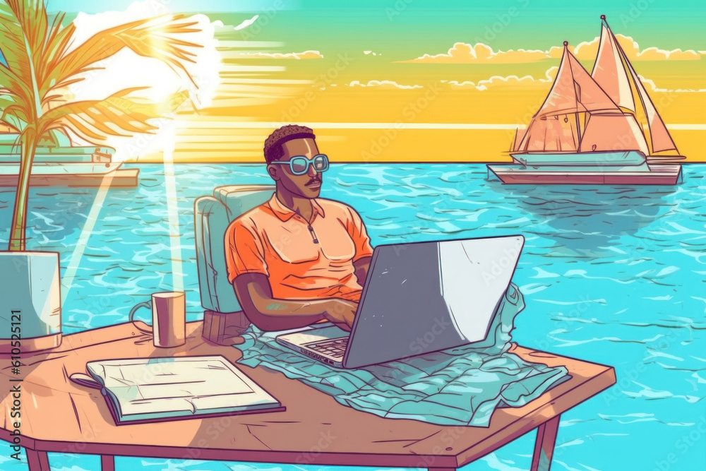 A man sitting at a table with a laptop computer near ocean, sunbathing. Illustration. Generative AI