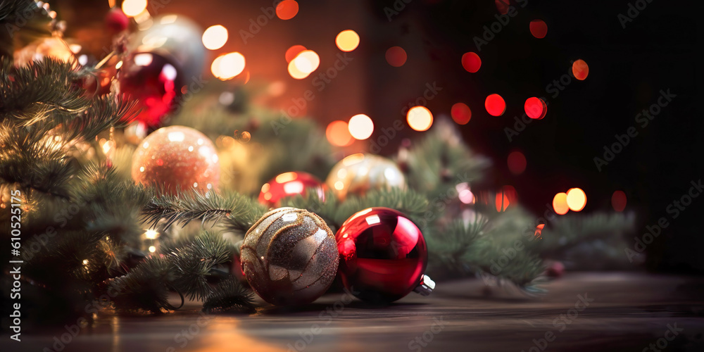 Christmas Tree with Decoration red balls and lights In abstract defocused background , Bokeh garlands in the background. New Year concept , Created with generative AI