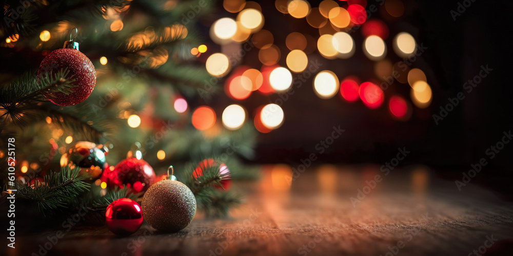 Christmas Tree with Decoration red balls and lights In abstract defocused background , Bokeh garlands in the background. New Year concept , Created with generative AI