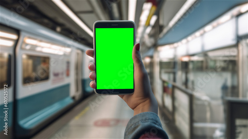 in the subway, a subjective view of the cell phone with greenscreen to exchange the content of the screen., generative AI photo