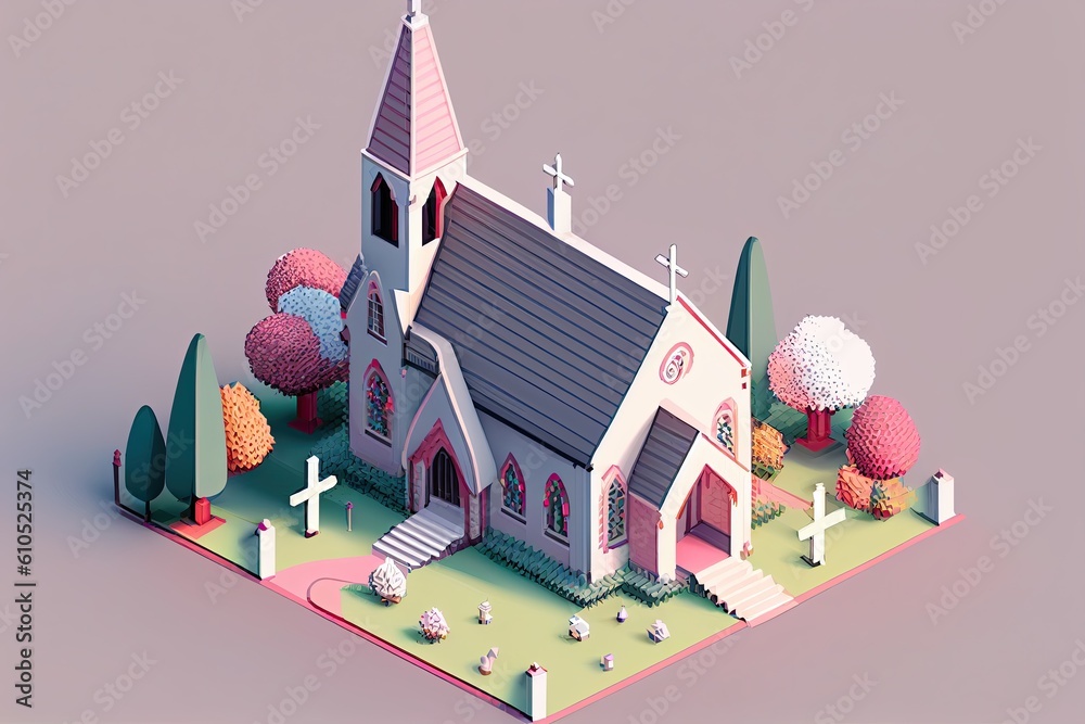 Isometric of the church building at the plain background. Generative AI.