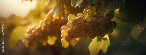 grapeA branch with natural grapes on a blurred background of a grape garden in the golden hour. Farm with grapes. The concept of seasonal fruits and harvest. Banner. Generative AI © Рика Тс
