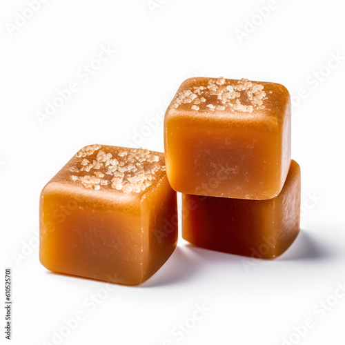 Delicious salted caramels isolated on white background, generative AI