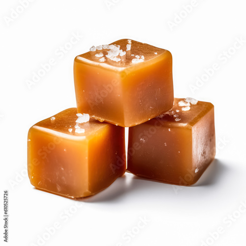 Delicious salted caramels isolated on white background, generative AI

