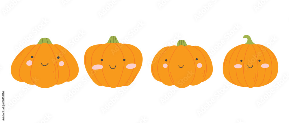 Set of cute baby pumpkins. Collection of cute Halloween pumpkins. Vector illustration. Flat style. Set of cute baby pumpkins. Collection of cute Halloween pumpkins. Vector illustration. Flat style.