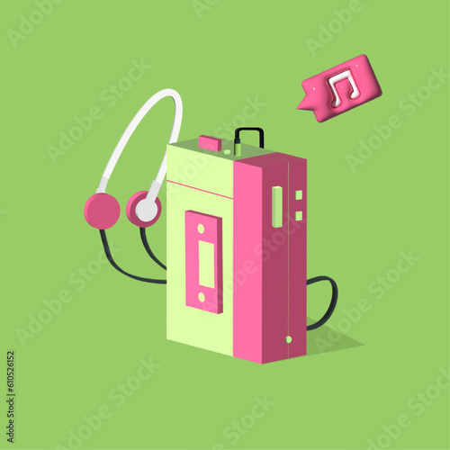 Vintage style 3D illustration of Walkman with color pink and green.3D illustration of an old fashioned cassette player with headset