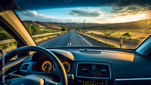 Journey's Elegance: Captivating Scenery and Fine Weather from Inside a Moving Car on a Long Road © alimurat