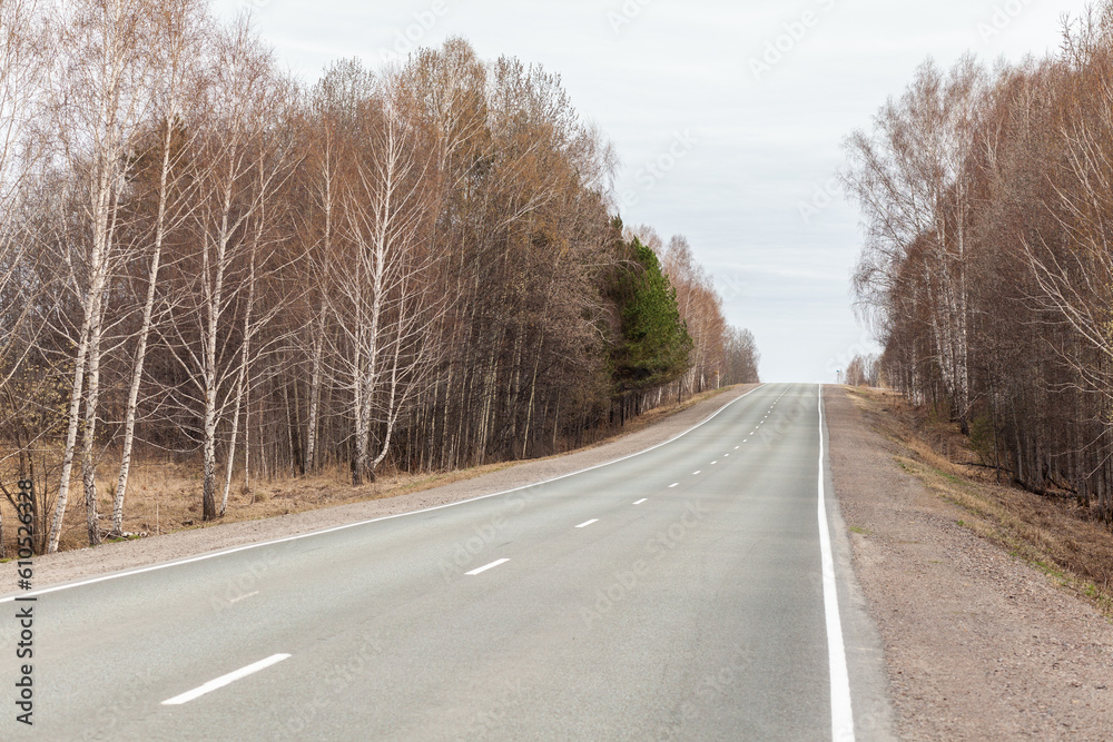 Country road with markings in the middle of the forest. Path and movement forward in cloudy weather. Beautiful forest in spring. Concept of success in future goal and time passing