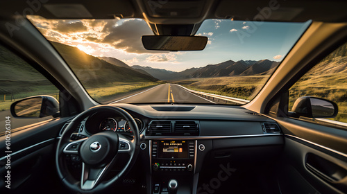 Journey's Elegance: Captivating Scenery and Fine Weather from Inside a Moving Car on a Long Road © alimurat