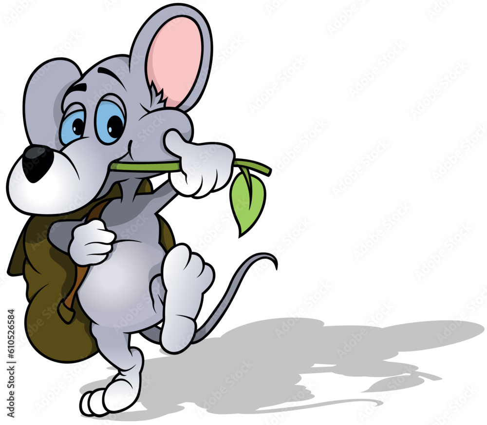Blue-eyed Gray Mouse with a Backpack over his Shoulder Blue-eyed Gray Mouse with a Backpack over his Shoulder