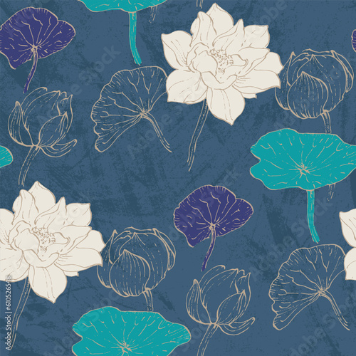 Floral seamless pattern with hand drawn lotus flowers and leaves. Fashionable template for design. Abstract floral pattern.