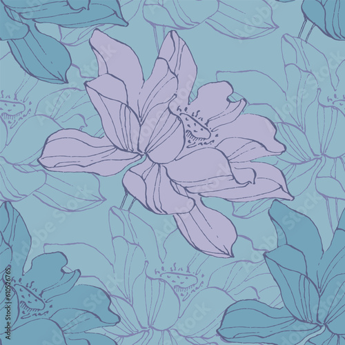 Floral seamless pattern with hand drawn lotus flowers and leaves. Fashionable template for design. Abstract floral pattern.