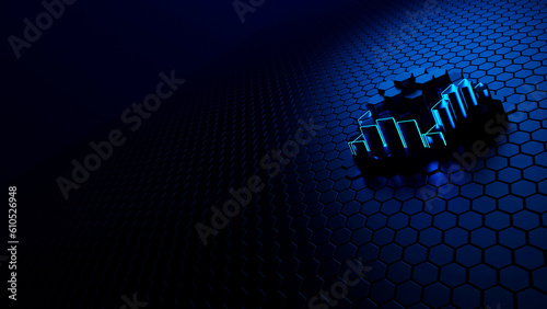 hexagonal 3d rendering with blue glowing neon sticks